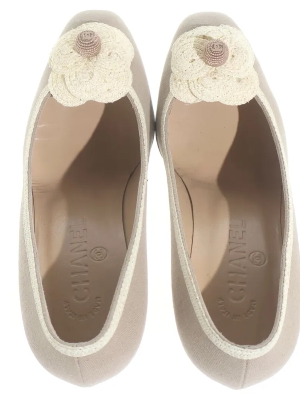 Chanel Camellia Flower Pumps Beige Canvas CC Heels Size 36 Made in Italy